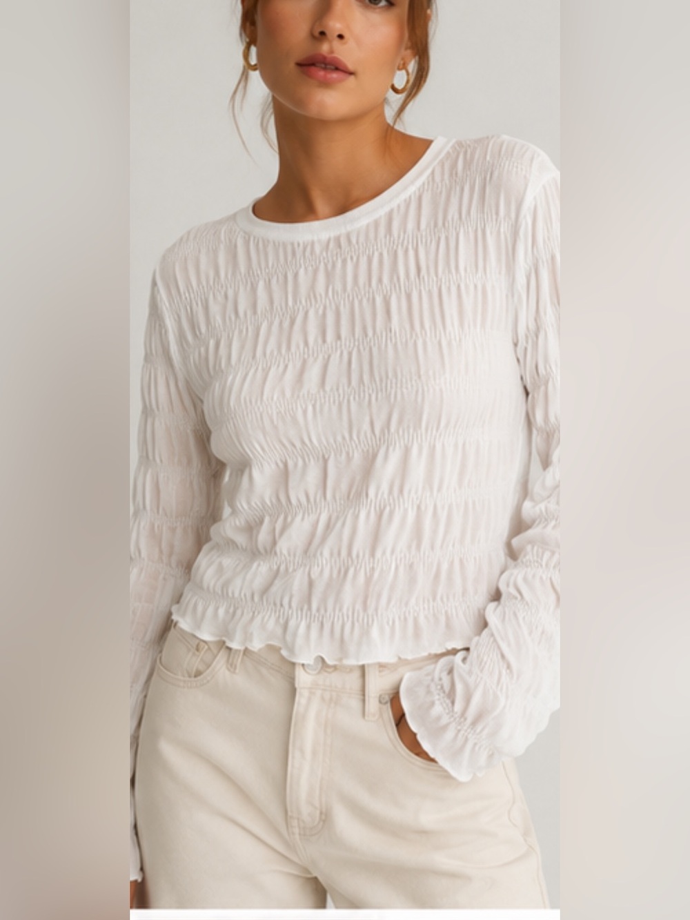Zara Ivory Textured Smocked Ruched Long Sleeve Top Sweater Pullover Size S